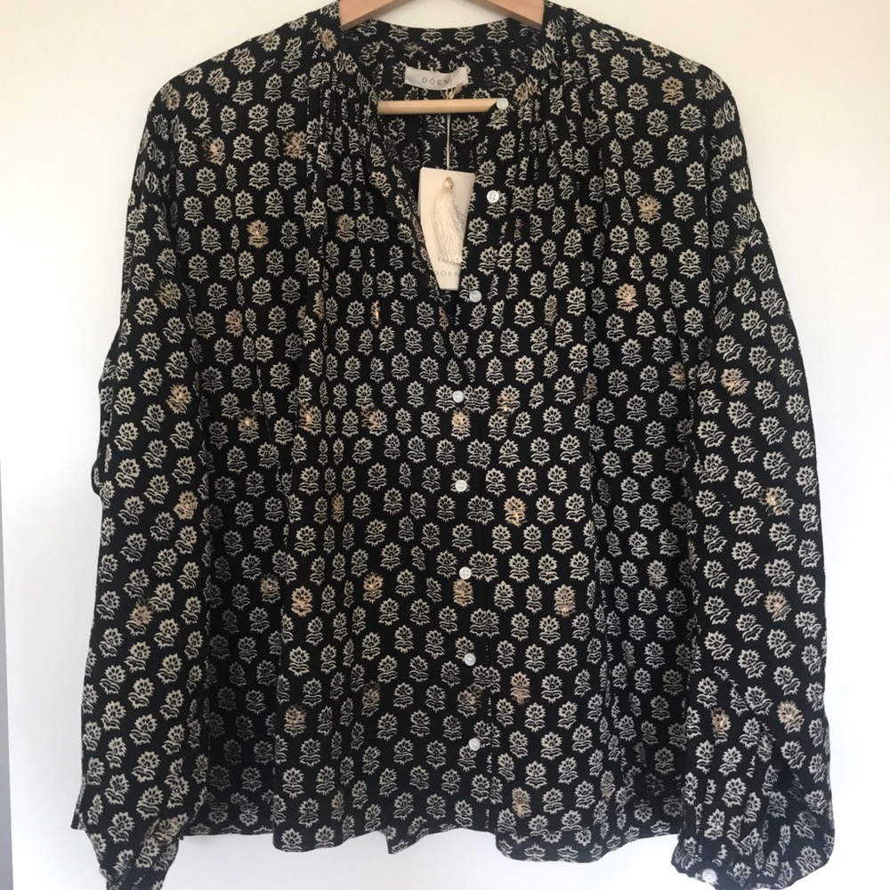 Doen Jane Blouse Black Cream Flower Block Print